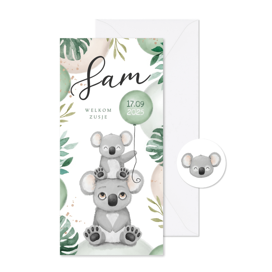 Geboortekaartje lief broertje zusje unisex koala dieren  - Kaartimpressie