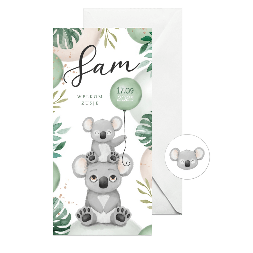 Geboortekaartje lief broertje zusje unisex koala dieren  - Kaartimpressie