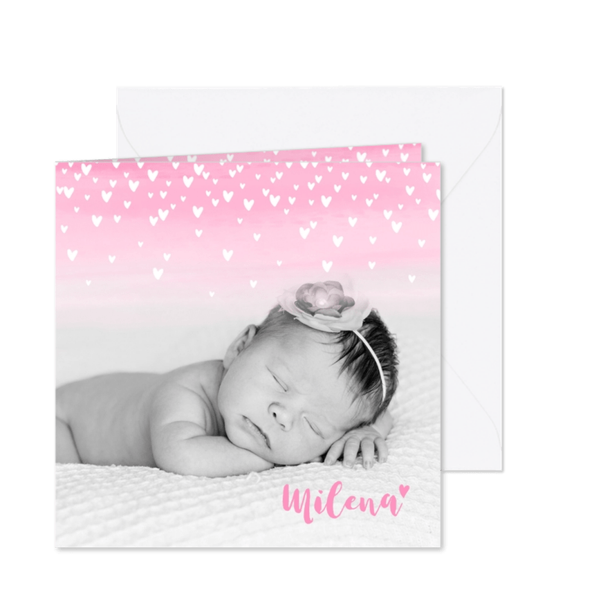 Geboortekaartje lief hartjes aquarel foto roze - Kaartimpressie