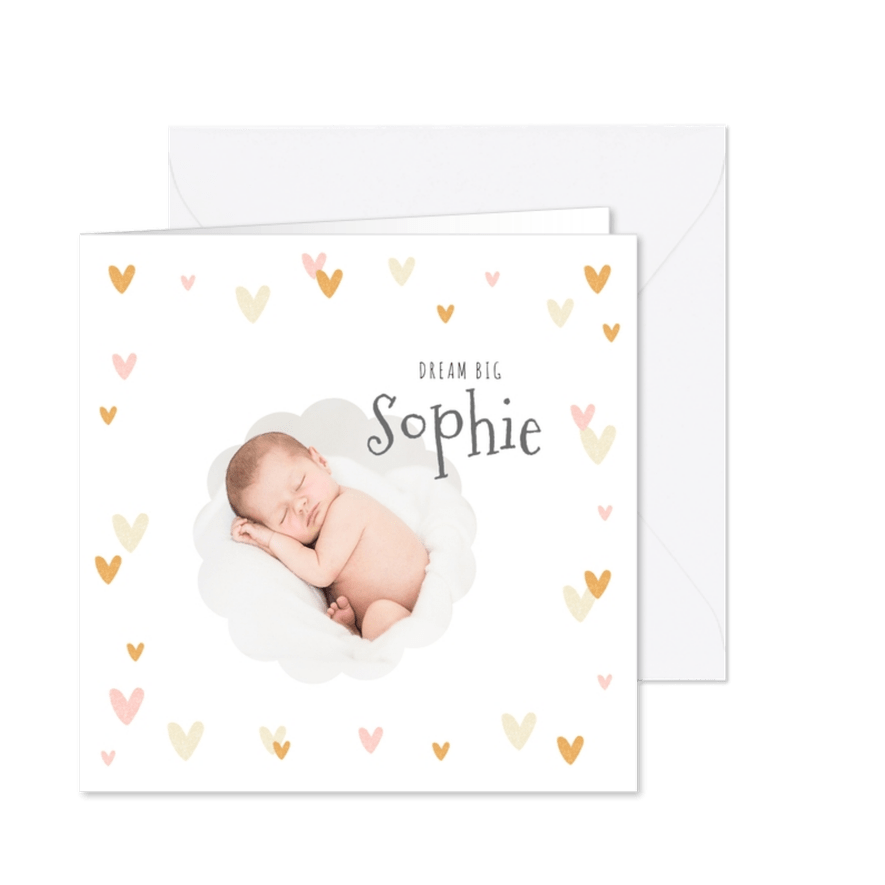 Geboortekaartje lief hartjes goud met foto - Kaartimpressie
