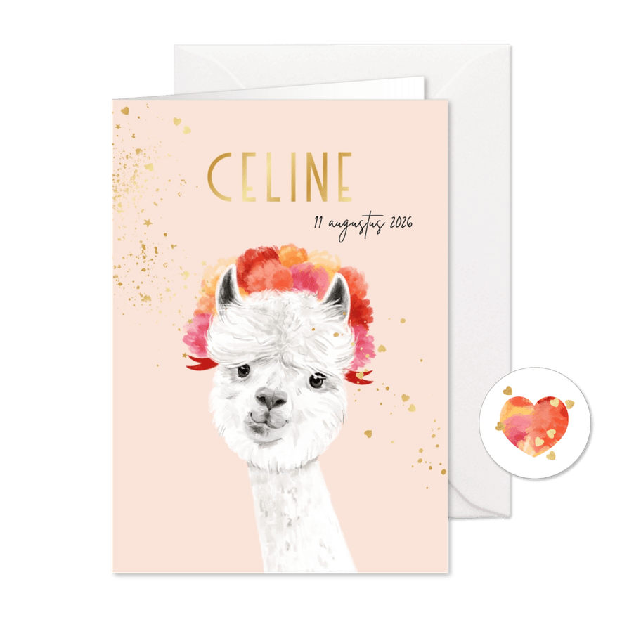 Geboortekaartje lief illustratie alpaca goudfolie hartjes - Kaartimpressie