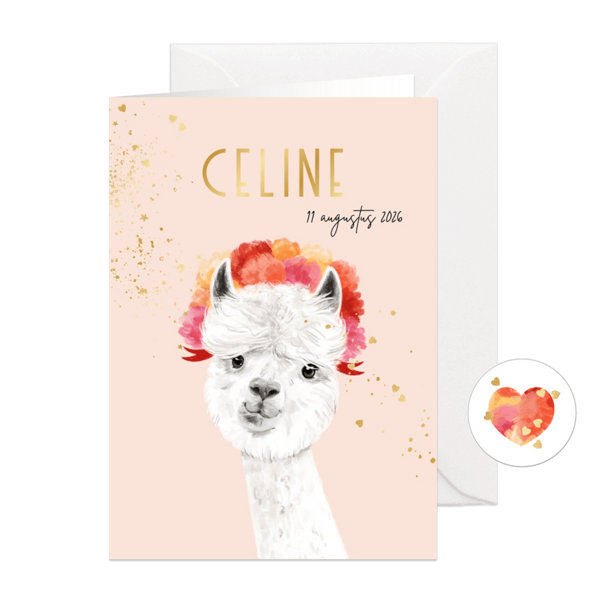 Geboortekaartje lief illustratie alpaca goudfolie hartjes - Kaartimpressie