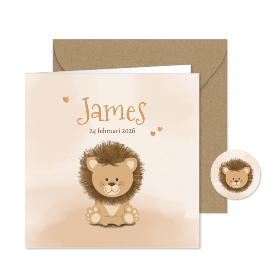 Geboortekaartje lief leeuwtje in zachte beige tinten - Kaartimpressie