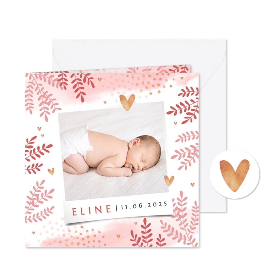 Geboortekaartje lief meisje foto hartjes goud blaadjes - Kaartimpressie