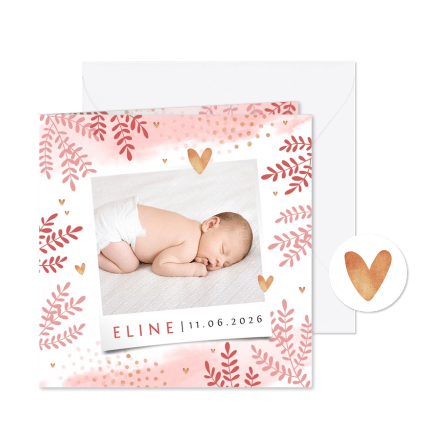 Geboortekaartje lief meisje foto hartjes goud blaadjes - Kaartimpressie