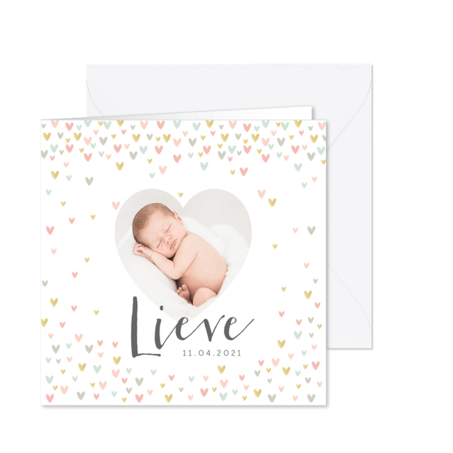 Geboortekaartje lief meisje met hartjesregen en foto's - Kaartimpressie