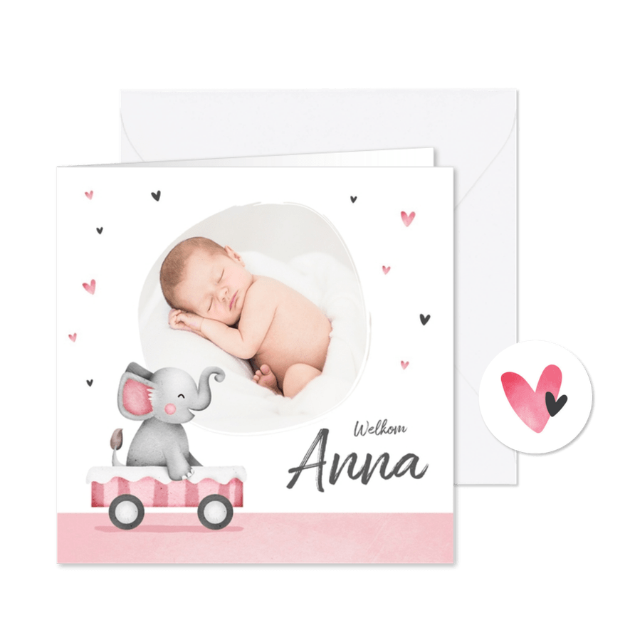 Geboortekaartje lief meisje olifant foto hartjes - Kaartimpressie