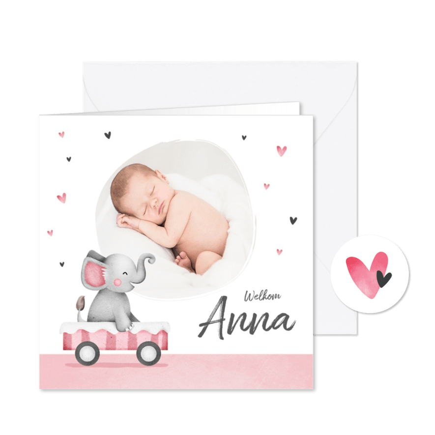 Geboortekaartje lief meisje olifant foto hartjes - Kaartimpressie