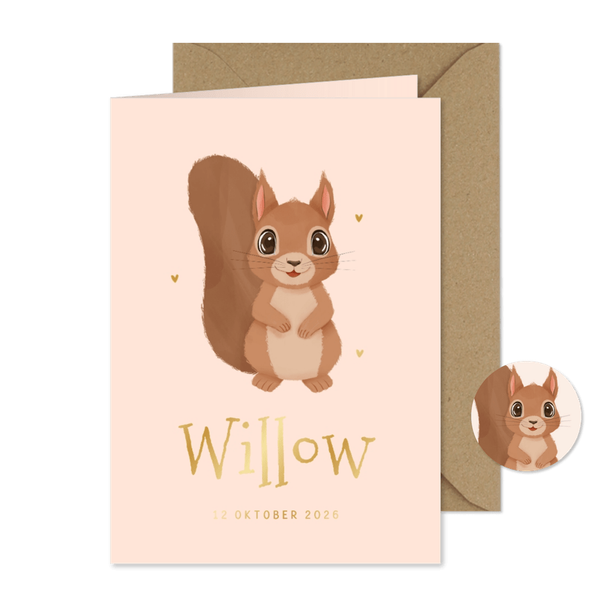 Geboortekaartje lief met eekhoorntje en hartjes herfst - Kaartimpressie