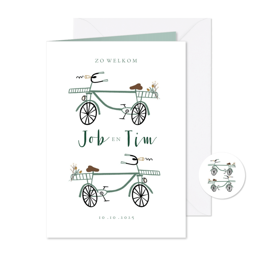 Geboortekaartje lief met groenblauwe fietsjes tweeling - Kaartimpressie