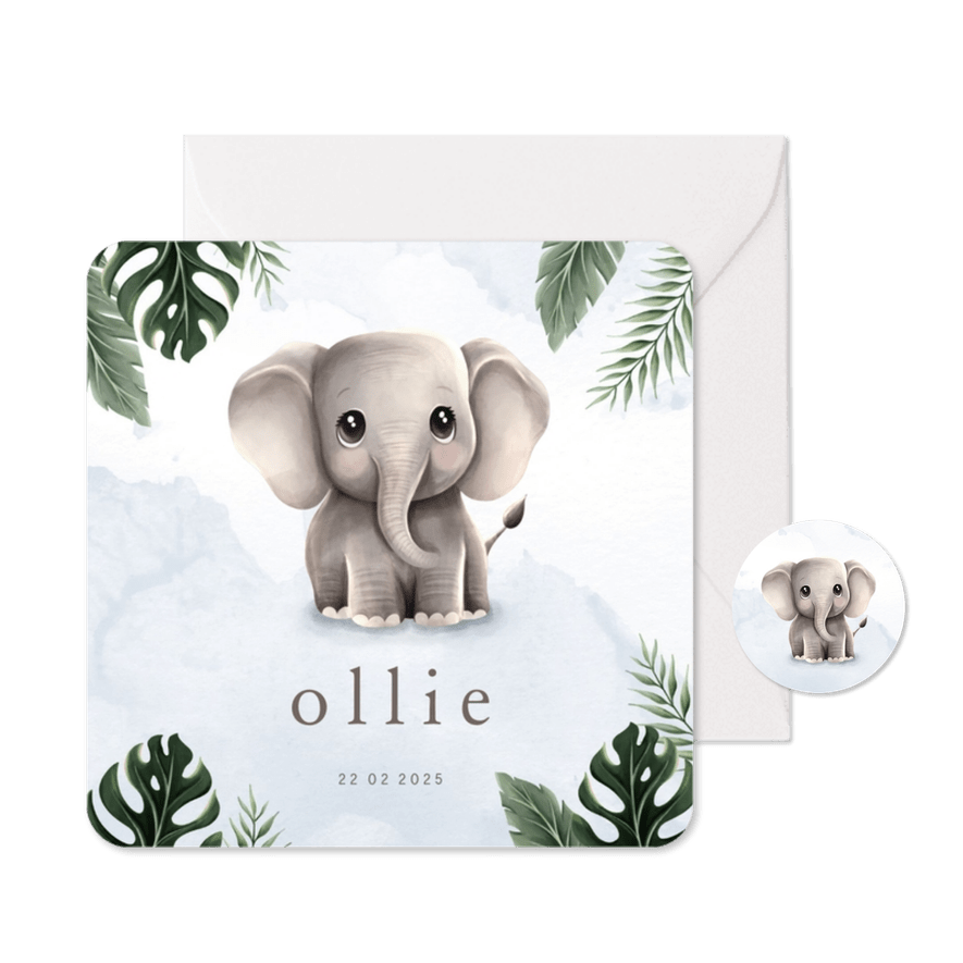 Geboortekaartje lief olifantje blauw jungle thema - Kaartimpressie