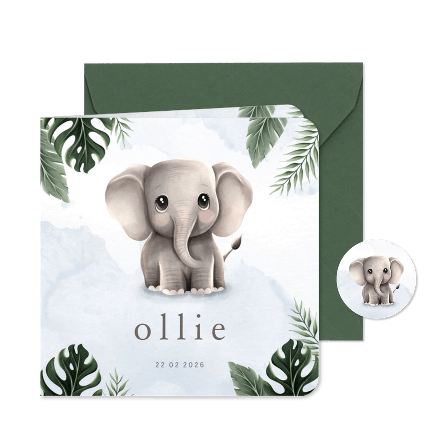 Geboortekaartje lief olifantje blauw jungle thema - Kaartimpressie
