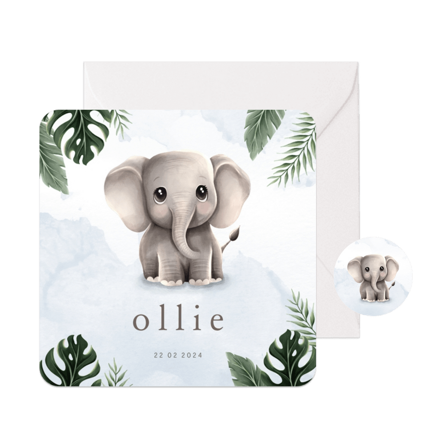 Geboortekaartje lief olifantje blauw jungle thema - Kaartimpressie