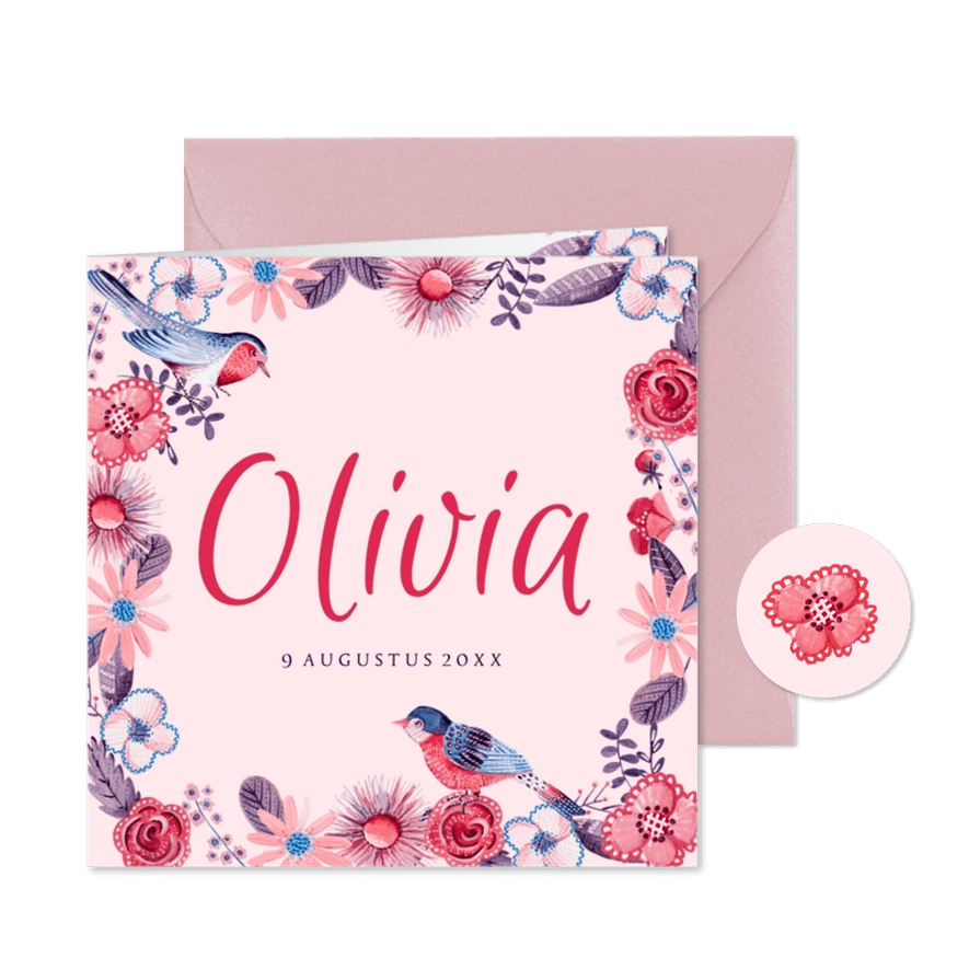 Geboortekaartje lief retro blauw rood bloemen en vogeltjes - Kaartimpressie