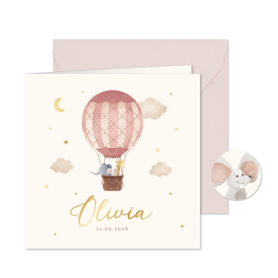 Geboortekaartje lief roze dieren luchtballon vintage sterren - Kaartimpressie