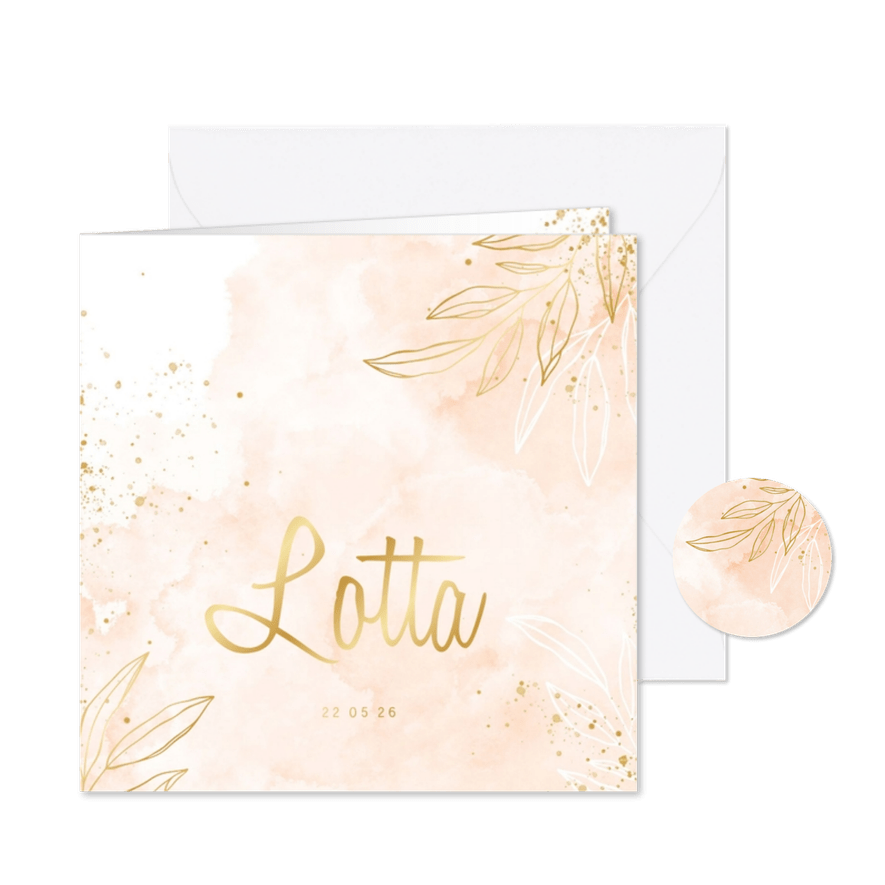 Geboortekaartje lief roze waterverf met blaadjes - Kaartimpressie