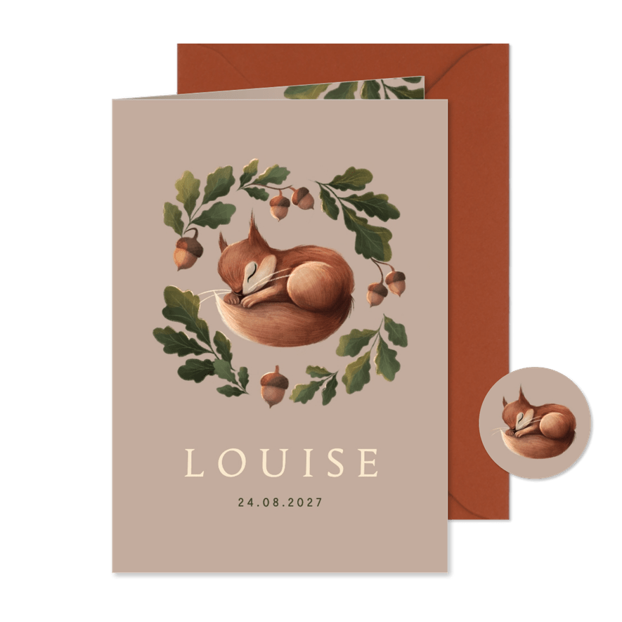 Geboortekaartje lief slapend eekhoorntje in bladerkrans - Kaartimpressie