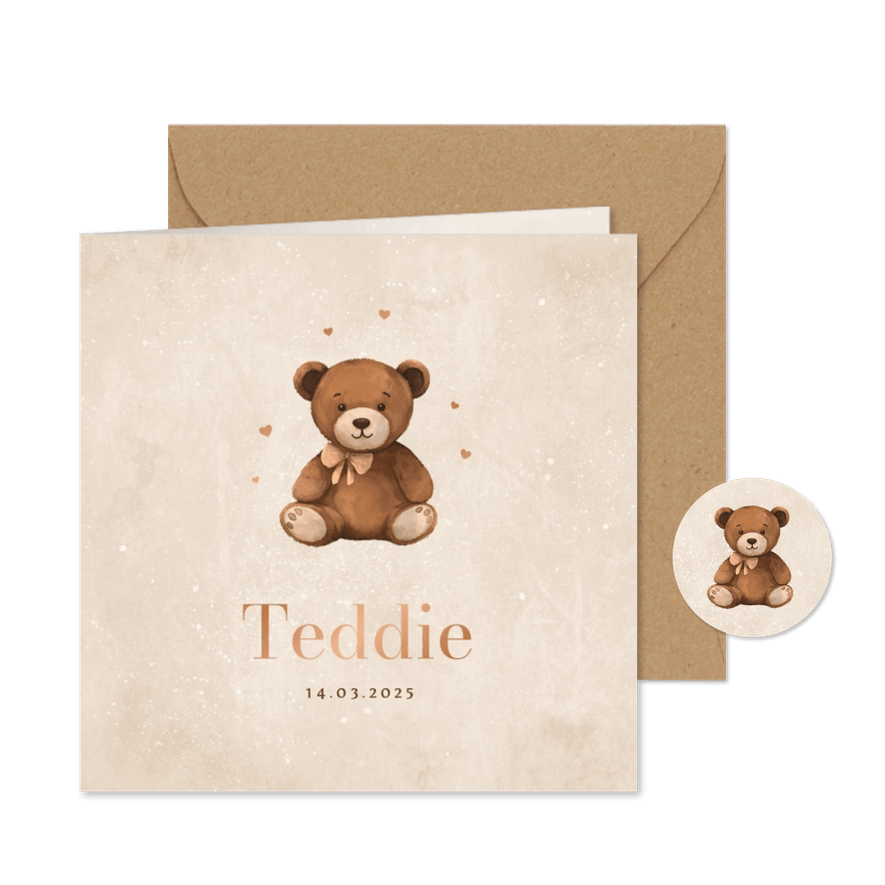 Geboortekaartje lief teddybeertje hartjes neutraal koper - Kaartimpressie