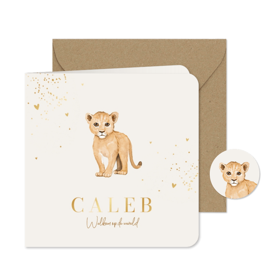Geboortekaartje lief unisex leeuw welpje hartjes goud - Kaartimpressie