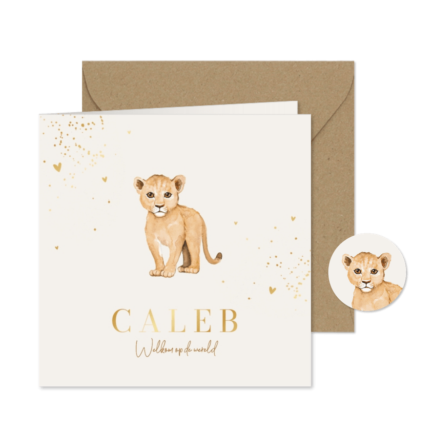 Geboortekaartje lief unisex leeuw welpje hartjes goud - Kaartimpressie