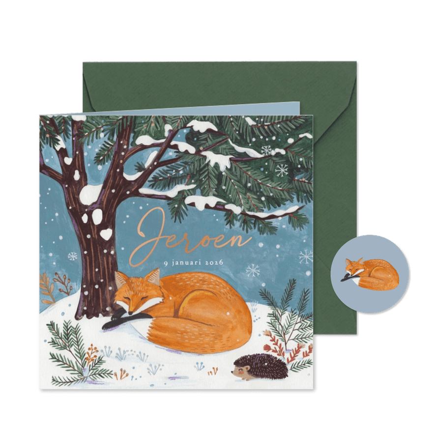 Geboortekaartje lief vosje slaapt onder een boom - Kaartimpressie