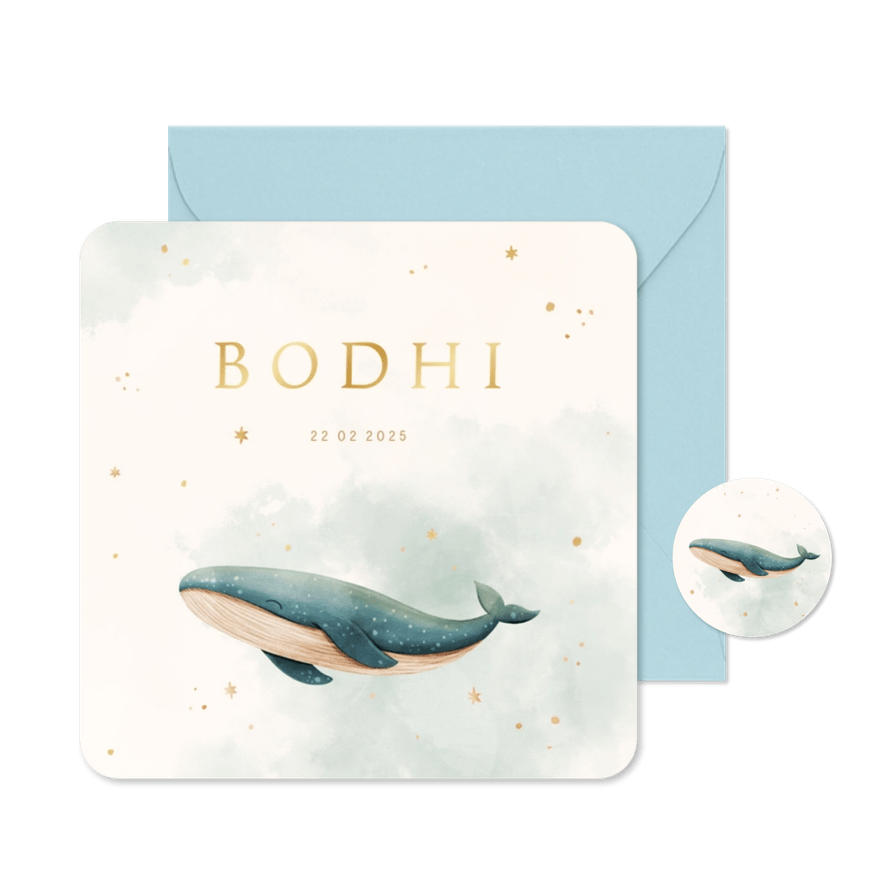 Geboortekaartje lief walvisje blauwe waterverf met sterren - Kaartimpressie