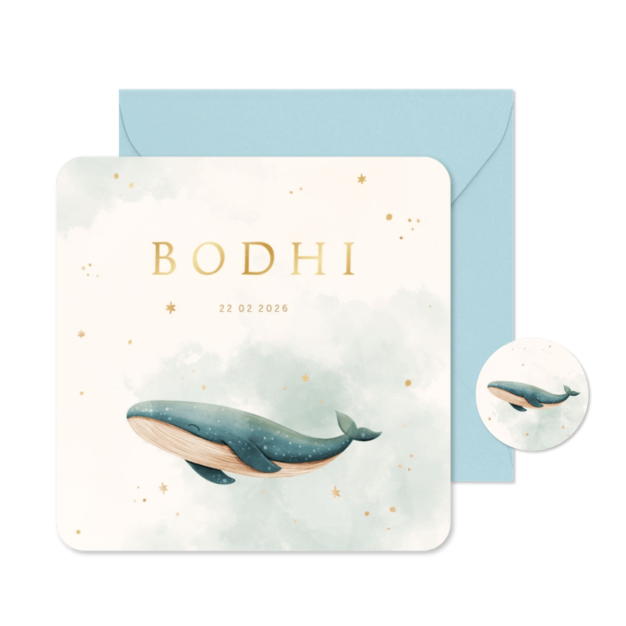 Geboortekaartje lief walvisje blauwe waterverf met sterren - Kaartimpressie