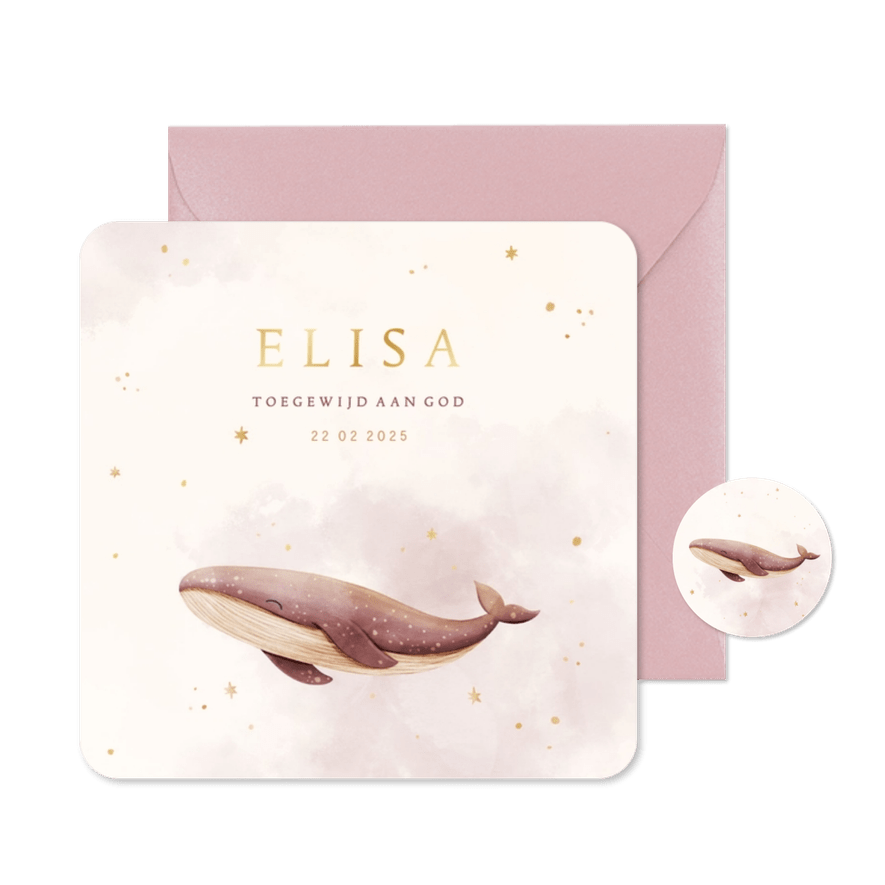 Geboortekaartje lief walvisje roze waterverf met sterren - Kaartimpressie