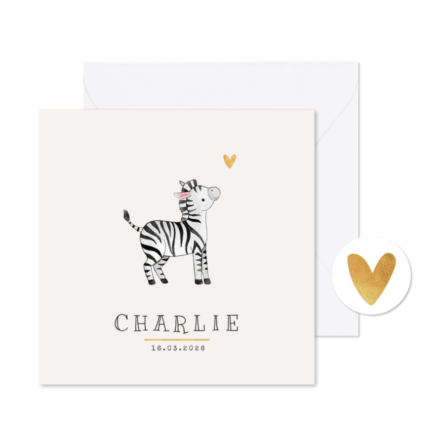 Geboortekaartje lief zebra hartje goud unisex - Kaartimpressie