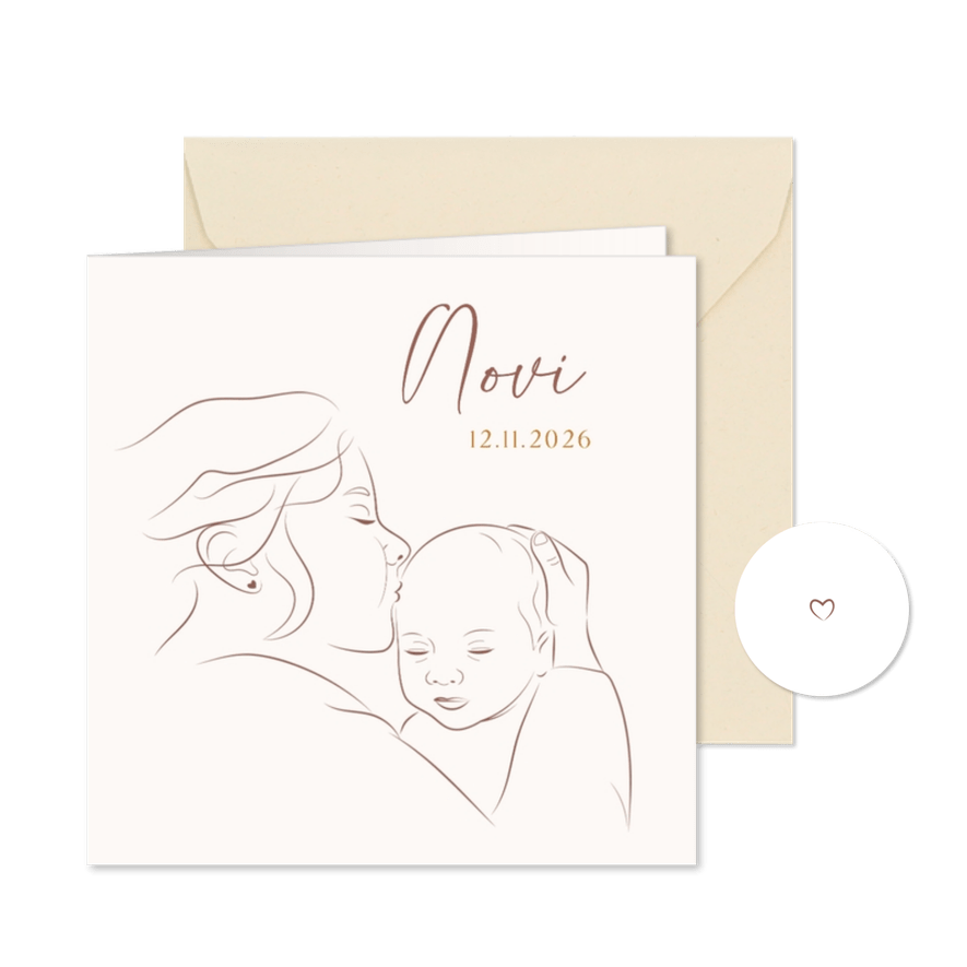 Geboortekaartje liefdevolle lijntekening moeder met baby - Kaartimpressie
