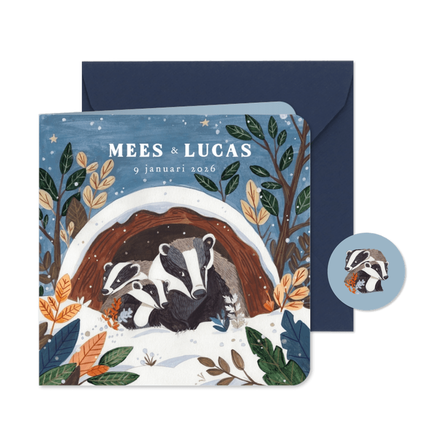 Geboortekaartje lieve dassen familie mama met tweeling - Kaartimpressie