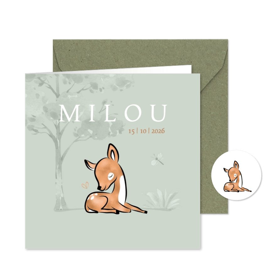 Geboortekaartje lieve illustratie hertje koperlook - Kaartimpressie