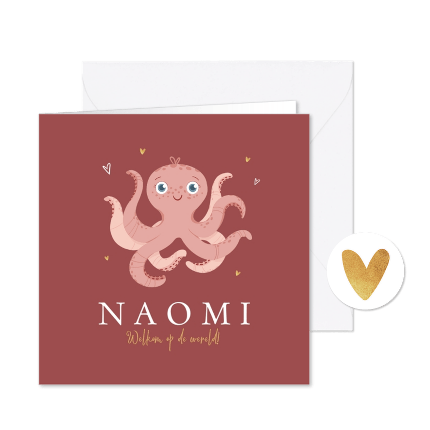 Geboortekaartje lieve octopus roze hartjes goud - Kaartimpressie