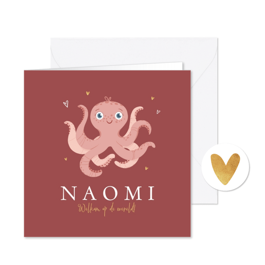 Geboortekaartje lieve octopus roze hartjes goud - Kaartimpressie