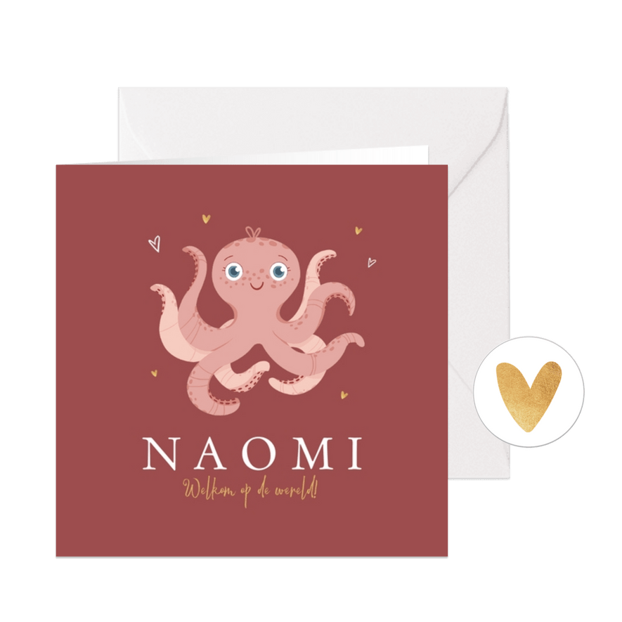 Geboortekaartje lieve octopus roze hartjes goud  - Kaartimpressie