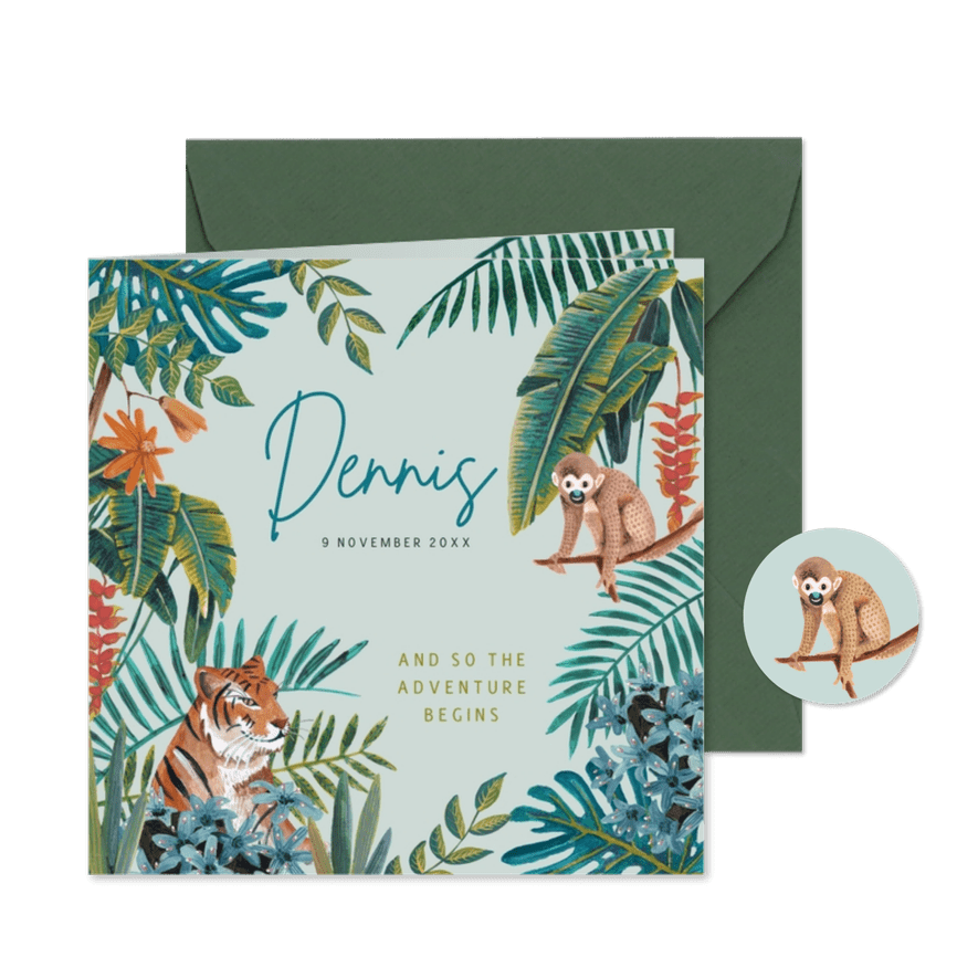 Geboortekaartje lieve tijger in tropische jungle - Kaartimpressie