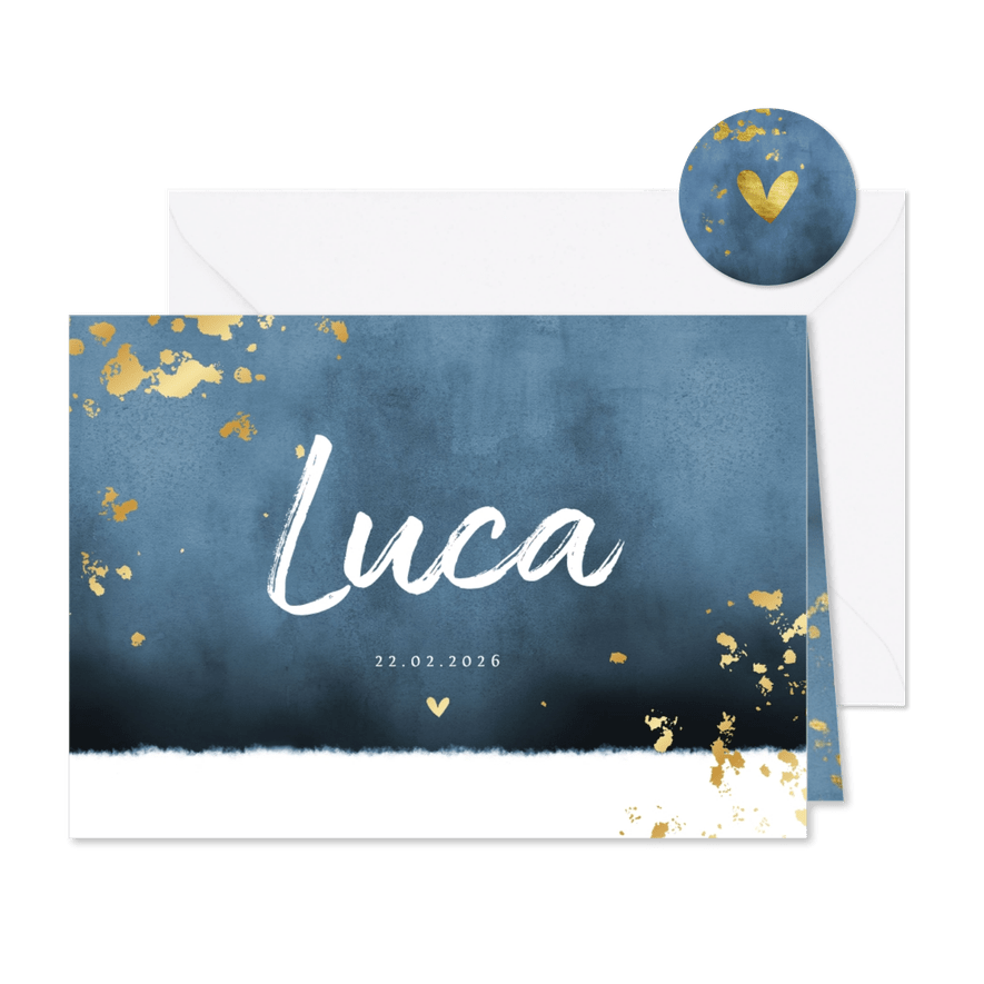 Geboortekaartje liggend blauwe waterverf gouden spetters - Kaartimpressie