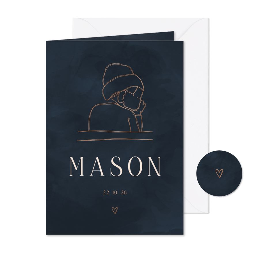 Geboortekaartje lijntekening met blauwe waterverfachtergrond - Kaartimpressie