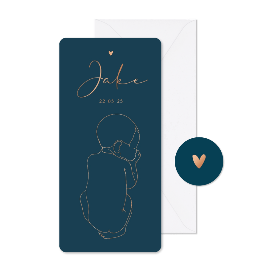 Geboortekaartje lijntekening van baby stijlvol met foliedruk - Kaartimpressie