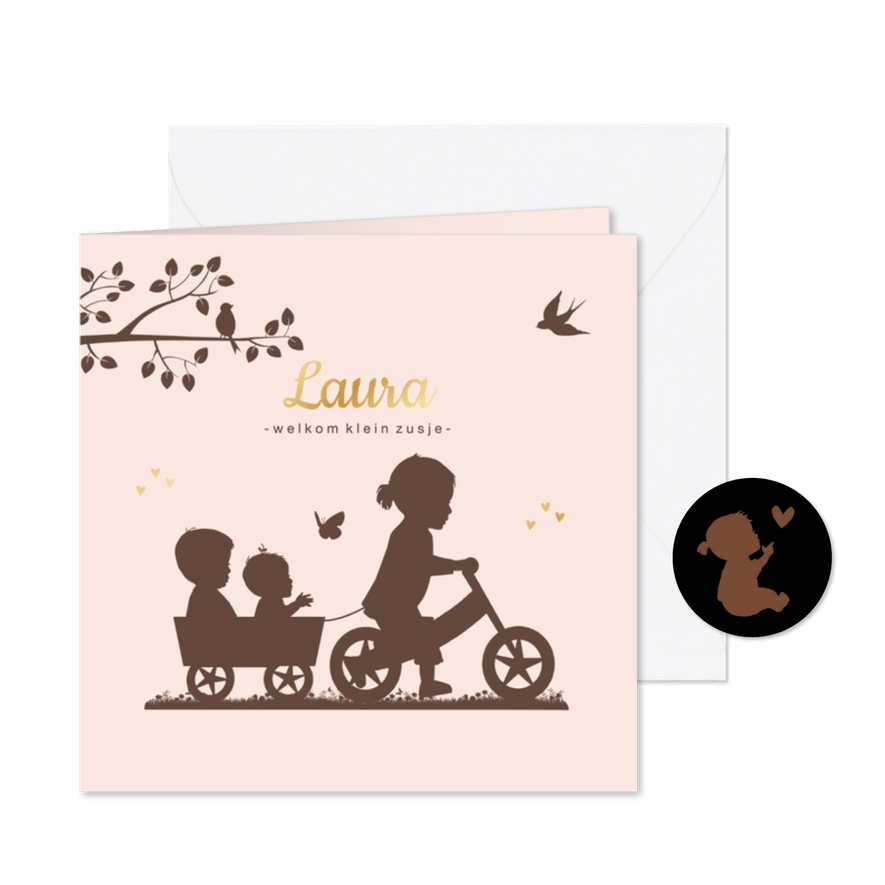 Geboortekaartje loopfiets zusje met baby - Kaartimpressie
