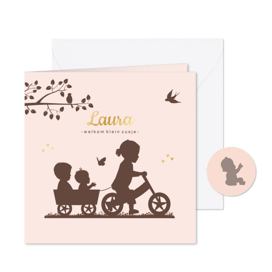 Geboortekaartje loopfiets zusje met baby - Kaartimpressie