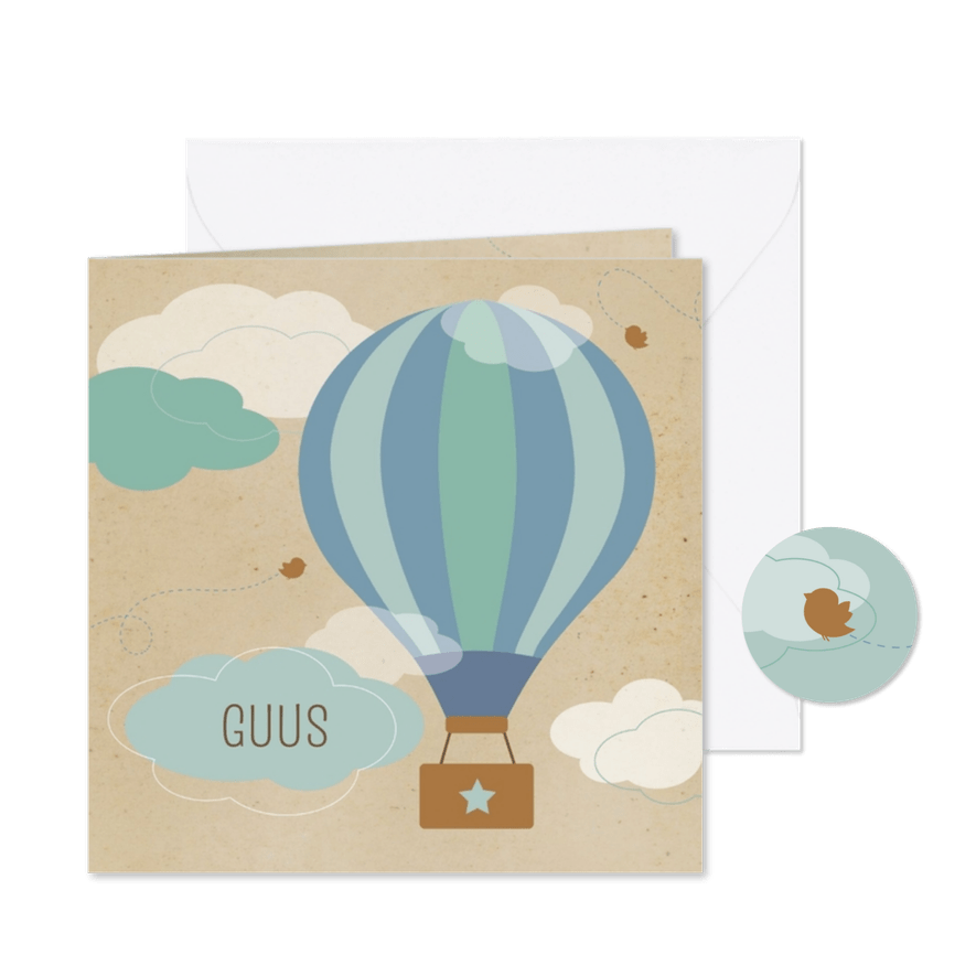 Geboortekaartje luchtballon blauw - Kaartimpressie