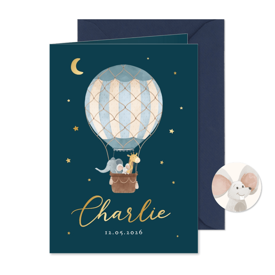 Geboortekaartje luchtballon dieren vintage sterren maan - Kaartimpressie