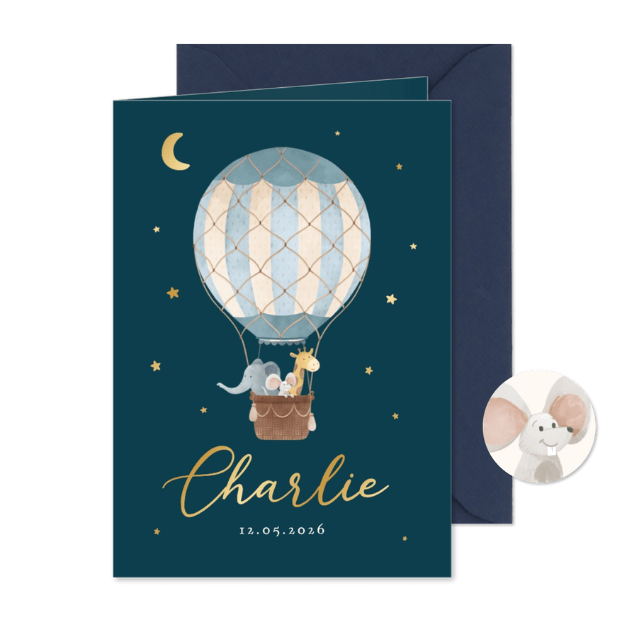 Geboortekaartje luchtballon dieren vintage sterren maan - Kaartimpressie