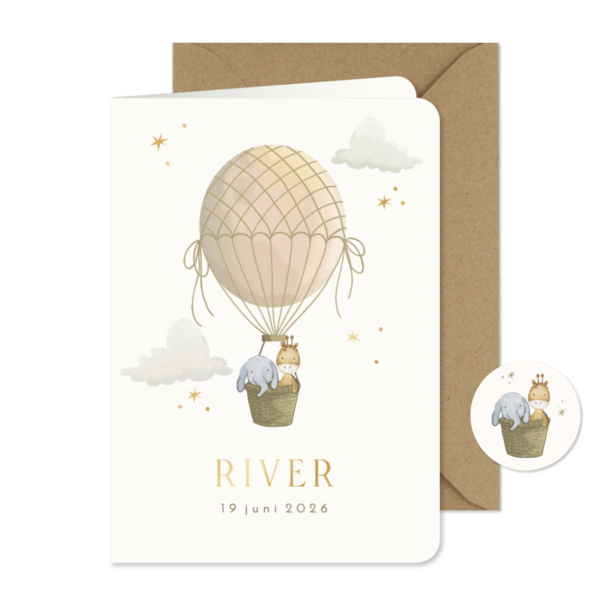 Geboortekaartje luchtballon met wolken en olifant en giraf - Kaartimpressie