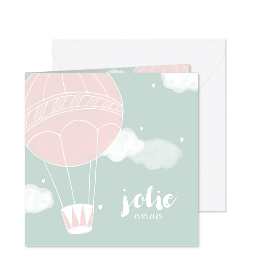Geboortekaartje luchtballon wolken hartjes meisje - Kaartimpressie