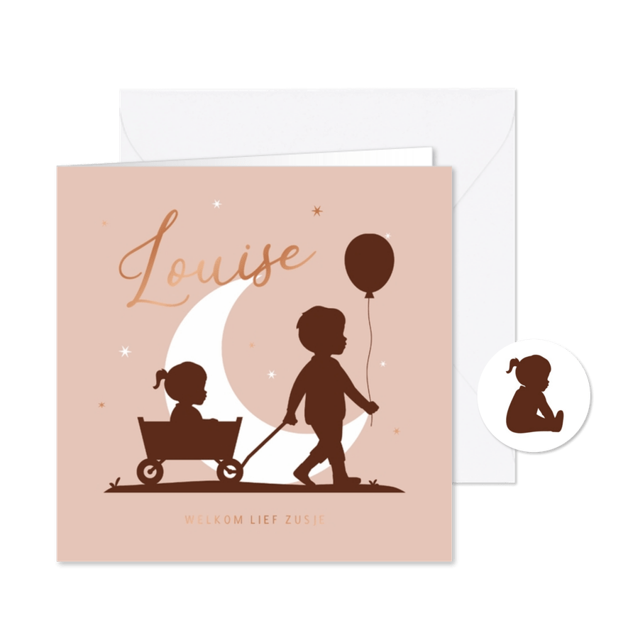 Geboortekaartje maan bolderkar sterren silhouet - Kaartimpressie