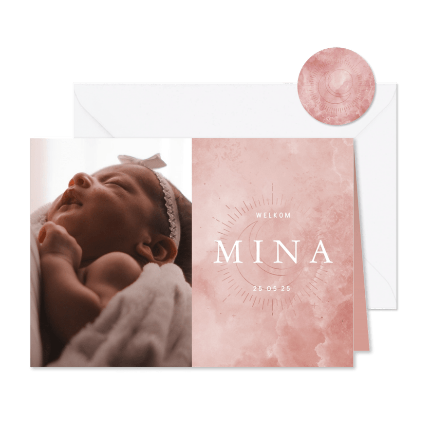 Geboortekaartje maan en zon met foto en wolkjes - Kaartimpressie