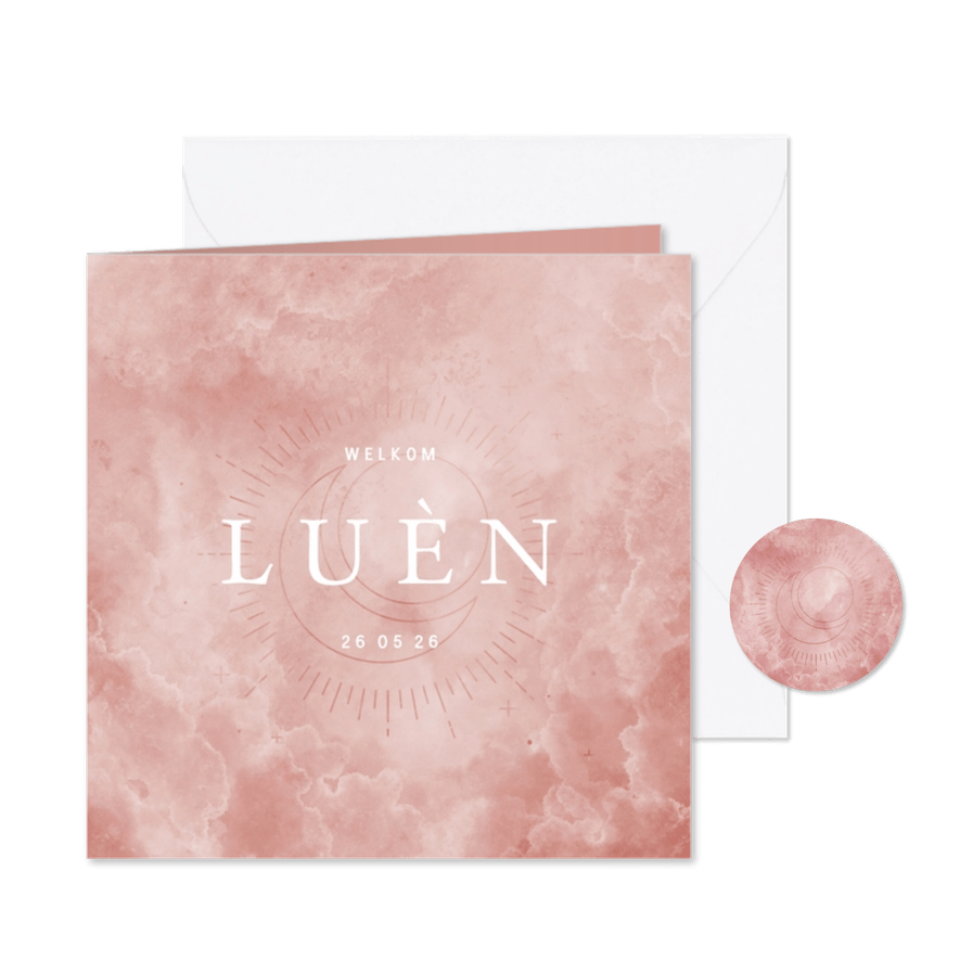 Geboortekaartje maan en zon met waterverf wolkjes - Kaartimpressie