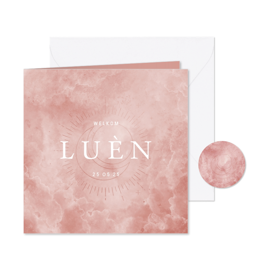 Geboortekaartje maan en zon met waterverf wolkjes - Kaartimpressie